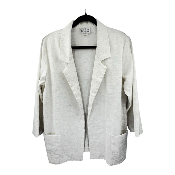 Jessica Stevens Jackets & Blazers - Jessica Stevens Linen Light Long Blazer Ivory Jacket Sz Medium USA Shoulder Pads
